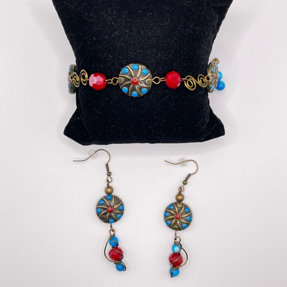 Antique Brass Blue Deep Red OOAK Wire Wrapped Bracelet Pierced Earrings Set Boho